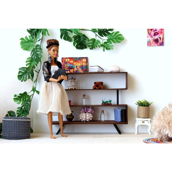 Miniature industrial modern bookcase, dollhouse furniture 1:6 scale wooden S-shaped geometric 4-tier bookshelf display s