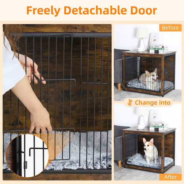 Large Elevated Dog Crate Wooden End Table, Rustic Indoor Pet House with Double Door & Removable Tray