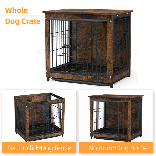 Large Elevated Dog Crate Wooden End Table, Rustic Indoor Pet House with Double Door & Removable Tray