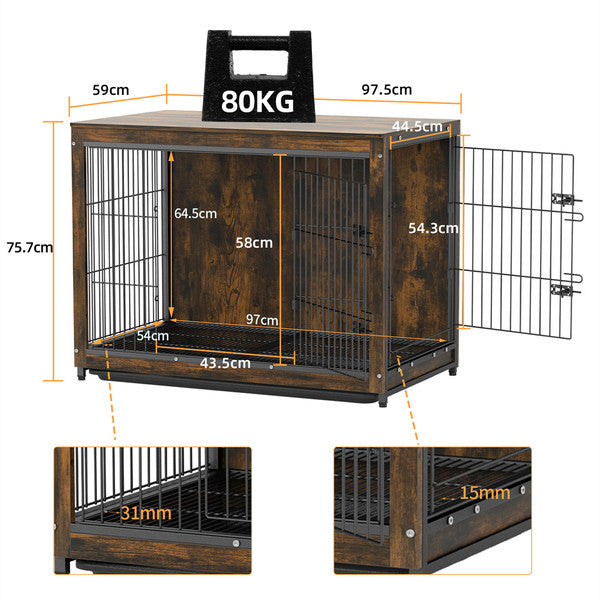 Large Elevated Dog Crate Wooden End Table, Rustic Indoor Pet House with Double Door & Removable Tray