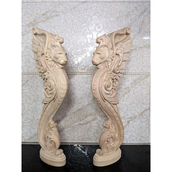 Wooden Stairs Baluster Carved wood lion pillar Unique kitchen island statue 1pc
