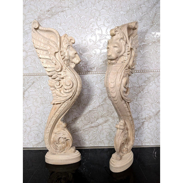 Wooden Stairs Baluster Carved wood lion pillar Unique kitchen island statue 1pc