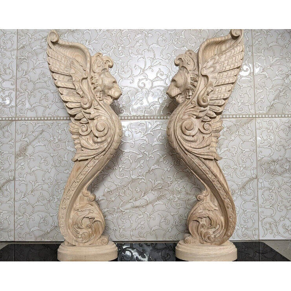Wooden Stairs Baluster Carved wood lion pillar Unique kitchen island statue 1pc