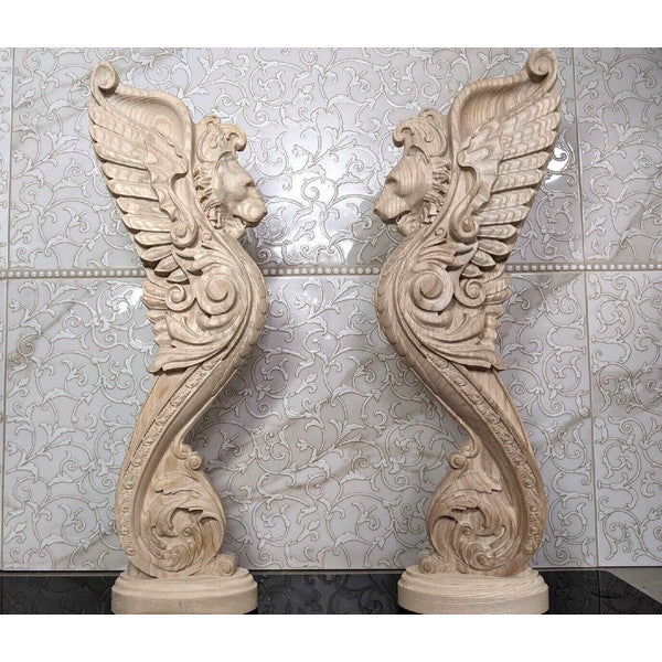 Wooden Stairs Baluster Carved wood lion pillar Unique kitchen island statue 1pc