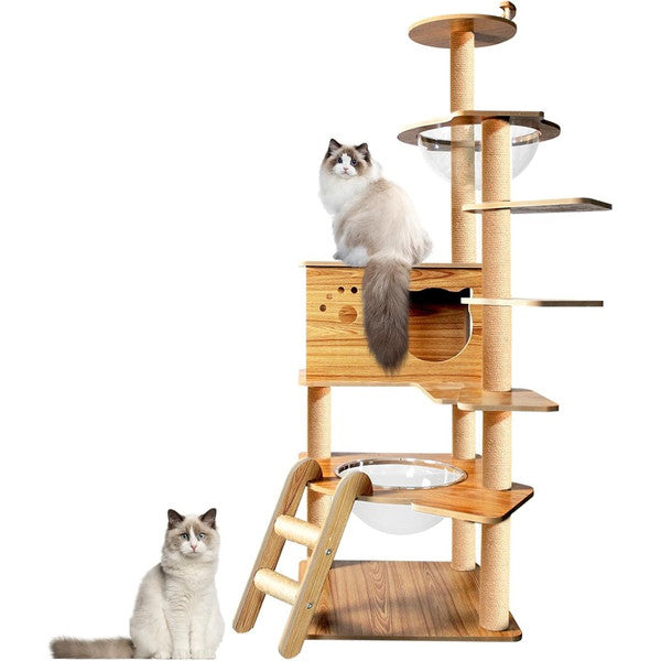 Wooden Cat Tree for Large Cats 6 Tier Tower with Space Capsules & Scratching Posts, Modern Indoor Cat Furniture