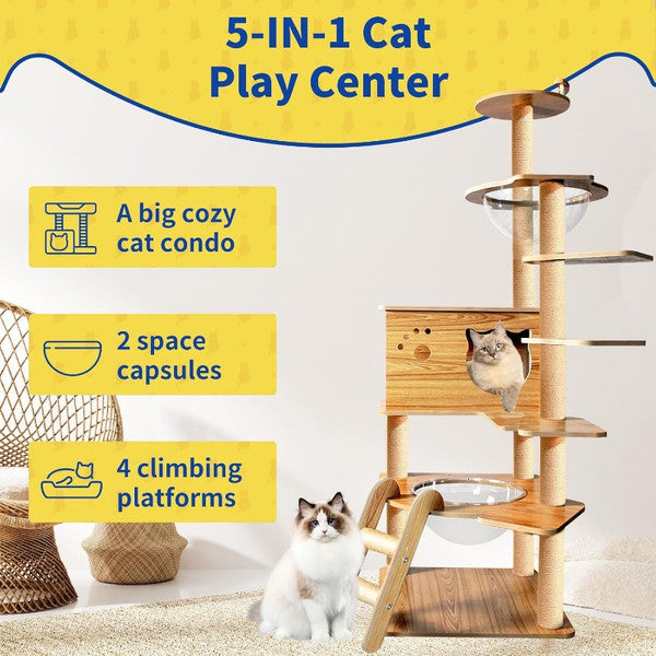 Wooden Cat Tree for Large Cats 6 Tier Tower with Space Capsules & Scratching Posts, Modern Indoor Cat Furniture
