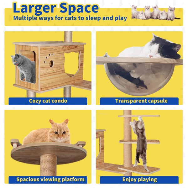 Wooden Cat Tree for Large Cats 6 Tier Tower with Space Capsules & Scratching Posts, Modern Indoor Cat Furniture