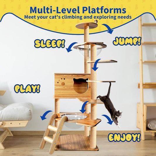 Wooden Cat Tree for Large Cats 6 Tier Tower with Space Capsules & Scratching Posts, Modern Indoor Cat Furniture