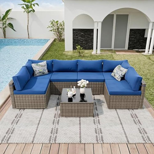 7-Piece Outdoor Patio Furniture Set – All-Weather PE Rattan Sectional Sofa with Table