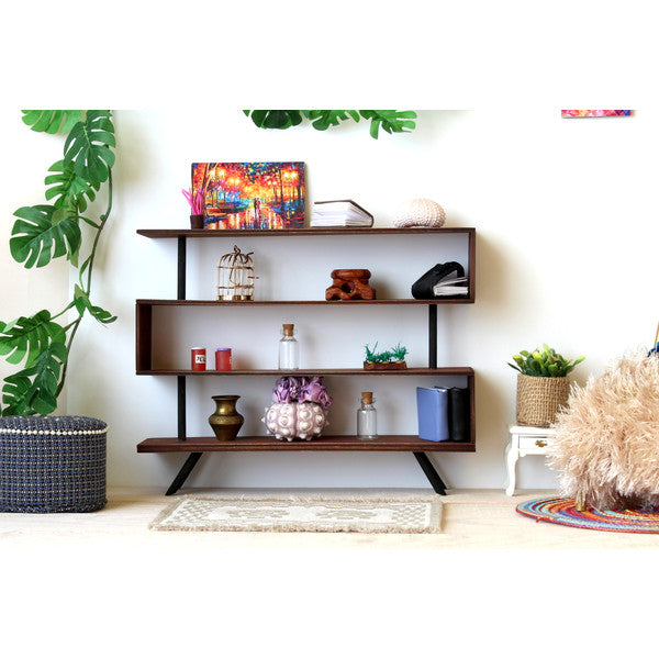 Miniature industrial modern bookcase, dollhouse furniture 1:6 scale wooden S-shaped geometric 4-tier bookshelf display s