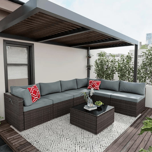 7-Piece Outdoor Patio Furniture Set – All-Weather PE Rattan Sectional Sofa with Table
