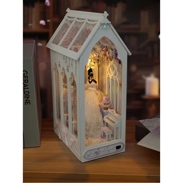 DIY Book Nook Dollhouse Kit, Wooden Miniature Furniture with LED Lights – Bookshelf Insert Toy for Girls' Birthday Gift