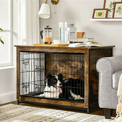 Large Elevated Dog Crate Wooden End Table, Rustic Indoor Pet House with Double Door & Removable Tray
