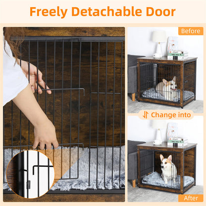 Large Elevated Dog Crate Wooden End Table, Rustic Indoor Pet House with Double Door & Removable Tray