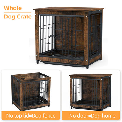 Large Elevated Dog Crate Wooden End Table, Rustic Indoor Pet House with Double Door & Removable Tray