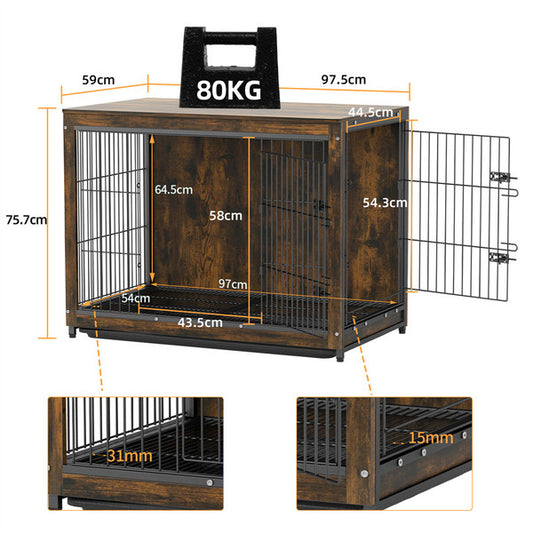 Large Elevated Dog Crate Wooden End Table, Rustic Indoor Pet House with Double Door & Removable Tray