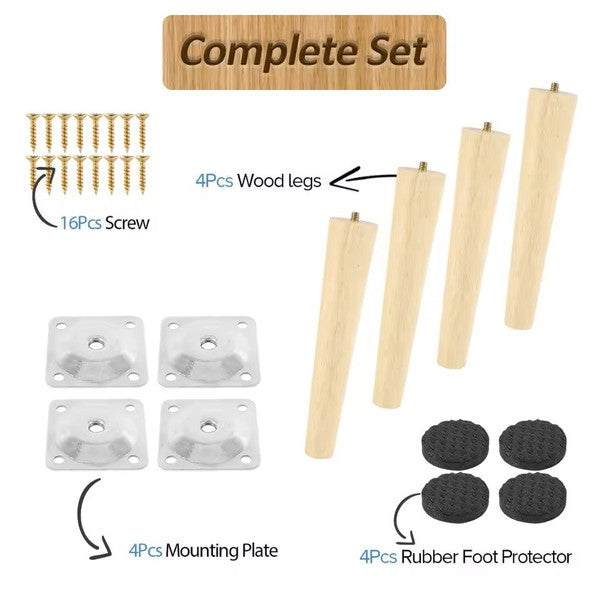 Wooden Furniture Legs Set of 4 Solid Wood Replacement Feet Slanted or Straight Style