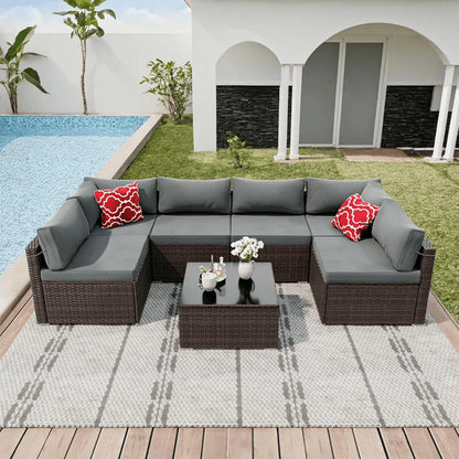 7-Piece Outdoor Patio Furniture Set – All-Weather PE Rattan Sectional Sofa with Table