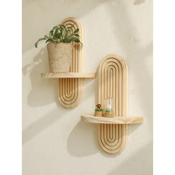 Boho Geometric Wooden Wall Shelf – Natural Wood Modern Wall Decor for Plants and Accents