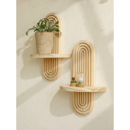 Boho Geometric Wooden Wall Shelf – Natural Wood Modern Wall Decor for Plants and Accents