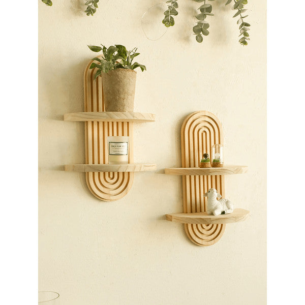 Boho Geometric Wooden Wall Shelf – Natural Wood Modern Wall Decor for Plants and Accents